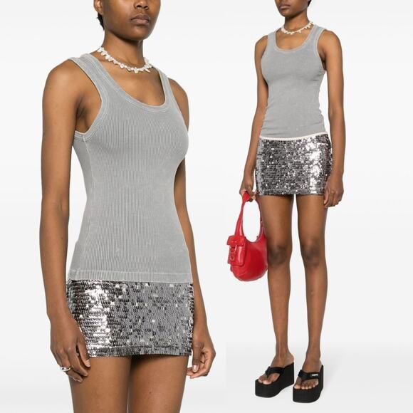 AGOLDE Poppy Fine-Ribbed Tank Top Gray Kidcore Y2K Trendy Brunch Scoop Neck - Picture 1 of 10